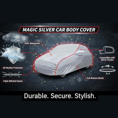 Image of Sulfar 100% Waterproof Car Body Cover Compatible with Mirror for Mahindra Scorpio N (Triple Stitched, Full Bottom Elastic, Magic Silver with Red Piping)