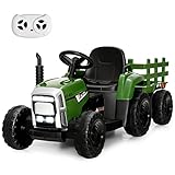 COSTWAY Ride on Tractor and Trailer, 12V Battery Powered Electric Kids Toy Car with Remote Control, LED Lights, USB & Bluetooth Music, Four Wheels Ride on Toys for Children Ages 3+(Dark Green)