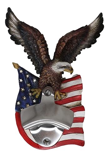 Ebros Gift Country Patriotic USA Freedom Soars Bald Eagle With Open Wings Perching On USA Flag Wall Beer Bottle Cap Opener