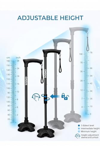 Image of Amazon Brand - Solimo Premium Walking Stick with Self Standing Base | Adjustable Height Lightweight | Ergonomic Grip Walking Cane for Men & Women | Leg Support for Elderly, Patients & Disabled