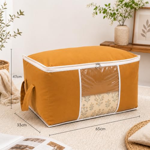 Image of Non-Woven Side Handle Underbed Storage Bags | Pack of 6 | Durable, Foldable Blanket, Comforter & Clothing Organizer | Dustproof, Moisture-Resistant Storage for Closets & Under Bed (Beige)