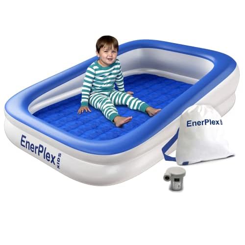 EnerPlex Kids Inflatable Travel Bed with High Speed Pump, Portable Blow up Toddler Air Mattress with Sides – Built-in Safety Bumper – Blue