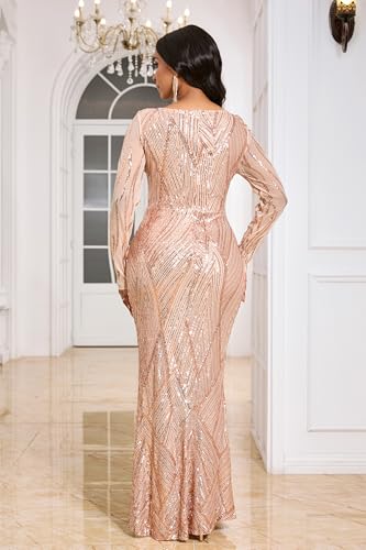 Image of VERWIN Women's Sequins Bodycon Round Neck Long Sleeve Sparkly Mermaid Maxi Dress for Casual Party Cocktail