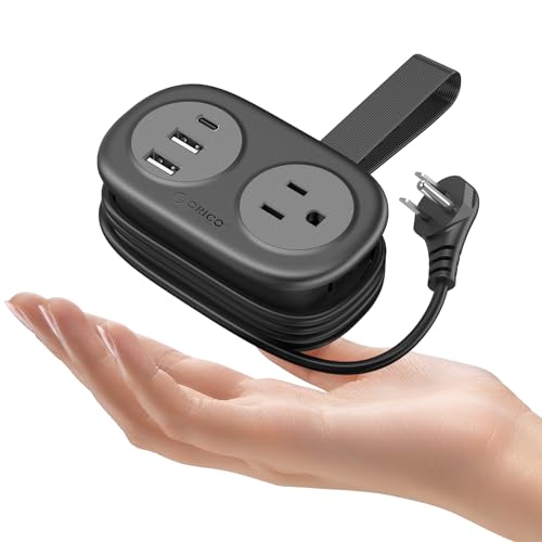 ORICO Pocket Power Strip for Travel, 5 in 1 Extension Cord with 2 AC Outlets 2 USB-A and 1 USB-C Ports, 3.7 ft Flat Plug Wrapped Around Power Strip for Cruise Office, Hotel, Home- AP3 (Black)