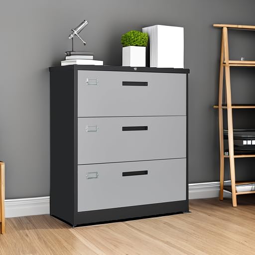 Image of Letaya File Cabinet with Lock-Lateral 3 Drawer Metal Filing Cabinets-Organization Storage for Home Office-Hanging Letter /Legal /F4 /A4 Size (Grey Black)
