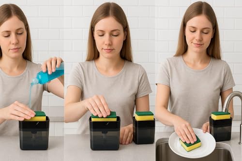 Image of 2-in-1 Soap Dispenser for Dishwashing - Liquid Holder Pump with Instant Refill, Durable & Efficient Kitchen Washing Accessory, Easy One-Hand Use (Pack of 1) (Black)