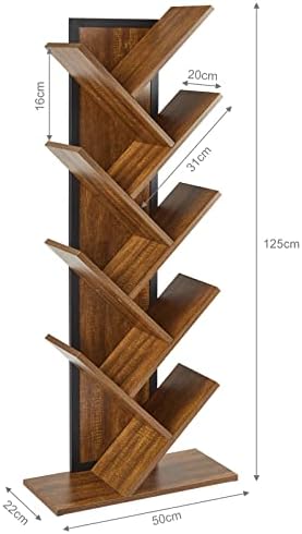 Meerveil Bookshelf, Tree Bookcase 9-Tier, with Wooden Shelves and Iron Frame, Free Standing Storage Shelving Units for Living Room, Home Office, 50 x 22 x 125cm, Rustic Brown