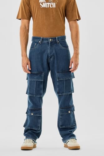 Image of SNITCH Men Cargo Pants | Baggy Fit with Multiple Utility Pockets & Turned-Up Cuffs | Cotton Blend Fabric for Streetwear & Casual Outings