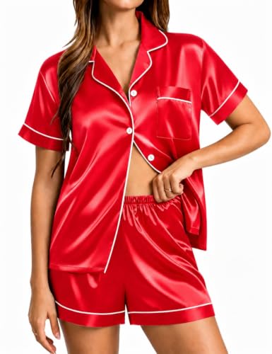Image of SWOMOG Pyjamas for Women Silk Satin Pyjama Bride Pjs Set Two Piece Pj Sets Button Down Sleepwear Loungewear Crimson Red