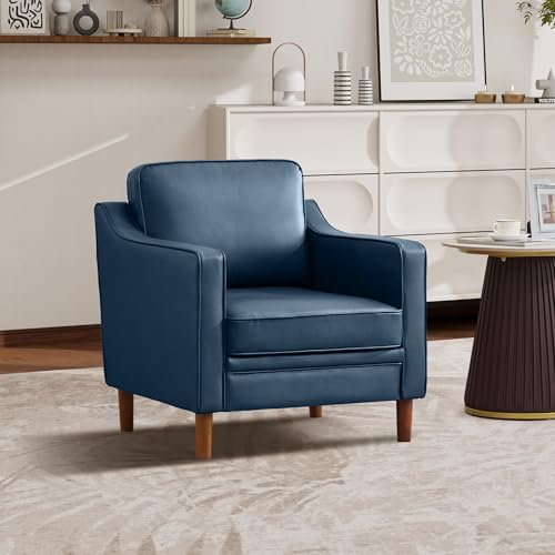 Image of Kingfun Accent Chair, Living Room Chairs, Faux Leather Reading Armchair, Mid Century with Solid Wood Foot, Upholstered Modern Decor for Bedroom, Apartment