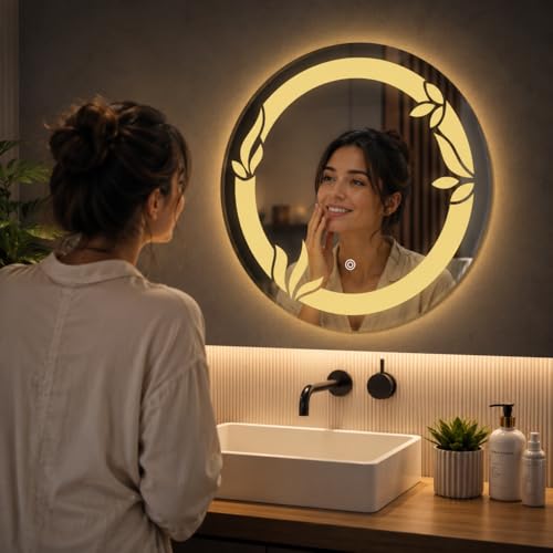 Image of LED Smart Bathroom Mirror with Touch Sensor | 3-in-1 Light Modes - Warm White | Cool White & Natural Light | Office and Home Use (Round 2nd, 21x21)