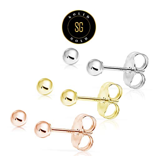 Solidgold - 14K Gold Filled Dazzling Yellow, Rose & White Gold 3Mm Ball Stud Earrings|3 Pair Set Yrw #TOP2