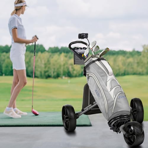 Image of JANUS Pace Golf Push Cart with Integrated Gooseneck Viewing System, 3-Wheel Foldable Golf Cart with One-Click Folding System, EVA Wheels, Foot Brake, Cooler Bag & Golf Bag Support System