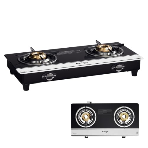 Image of Milton Ignis Pro 2 Burners Auto Ignition Gas Stove | ISI Certified | 6mm Toughened Glass Top | 360 Degree Nozzle | Heavy Duty Pan Support | Brass Burners | 1Y Manufacturer's Warranty -Black & White