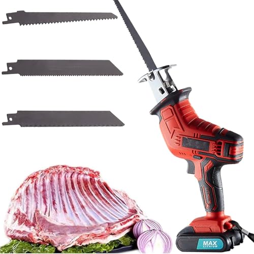 ZGHQHCDRH Coupe-os et viande LED, Scie électrique rechargeable portable, 1&2 batteries et 4 lames de scie, Kit de machine à couper pour boucher, pour os, viande, bois, métal et plastique(1 battery)