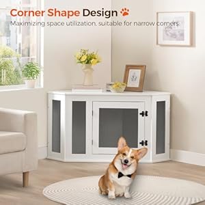 Corner Dog Crate Furniture, Wooden Dog Kennel End Table, Decorative Pet Crate Indoor Use, Furniture Style Dog House for Small Medium Dog, Dog Cage TV Stand, White and Black DCWT0801 Corner Dog Crate Furniture Wooden Dog Kennel End Table Decorative Pet Crate Indoor Use Furniture Style Dog House for Small Medium Dog Dog Cage TV Stand White and Black DCWT0801