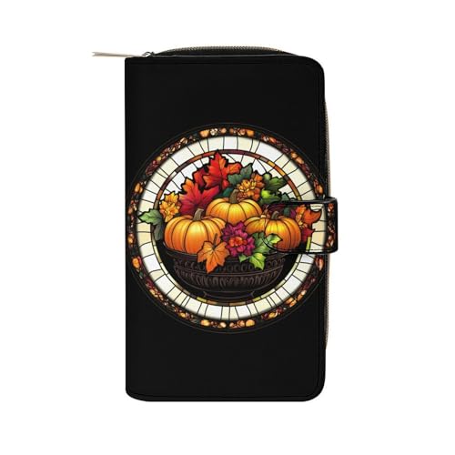 Halloween Pumpkin Autumn Leaves Long Wallet PU Leather Credit Card Holder Durable Zippered Purse Clutch Wallet