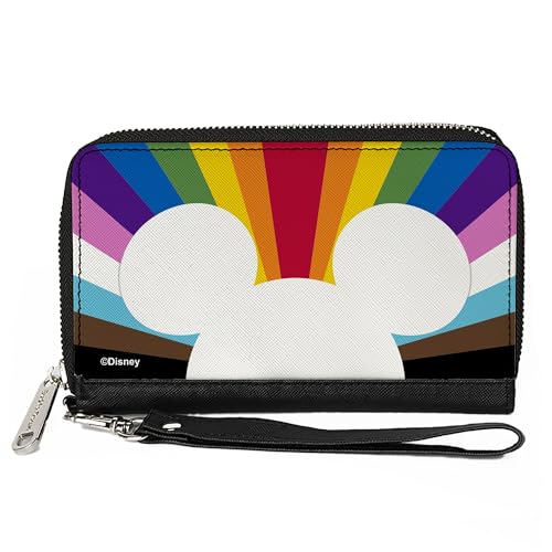 Buckle-Down Disney Wallet, Zip Around, Mickey Mouse Pride Ears Icon Rays Multi Color Rainbow, Vegan Leather