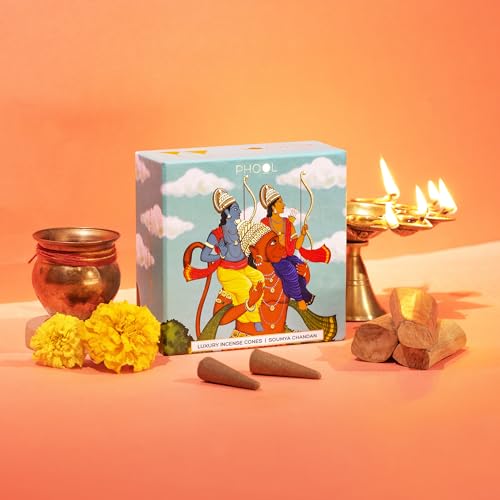 Image of PHOOL LUXURY INCENSE Ayodhya Incense Cones-Soumya Chandan Fragrance|Special Pooja Pack Flowers Offered At Ayodhya Temples|Pack Of 40 Dhoop Cones|No Charcoal&Chemical|Free Dhoop Stand Inside