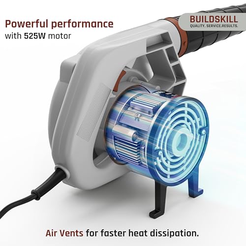Image of BUILDSKILL 525W Air Blower Machine with 14000 RPM No Load Speed | Air Flow of 3.6 m3 /min | Continuous Start Switch | Protection Cap | Ideal Leaf Blower for Cleaning Dust PC, Car, Homes etc. | Grey