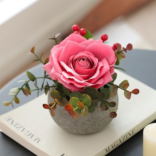 mizii DIY Small Artificial Flowers Potted Kit Fake Flower Realistic Silk Rose and Greenery with Vase for Gifts Table Centerpiece Mantle Office Desk Shelves Living Room Decorations (Pink)