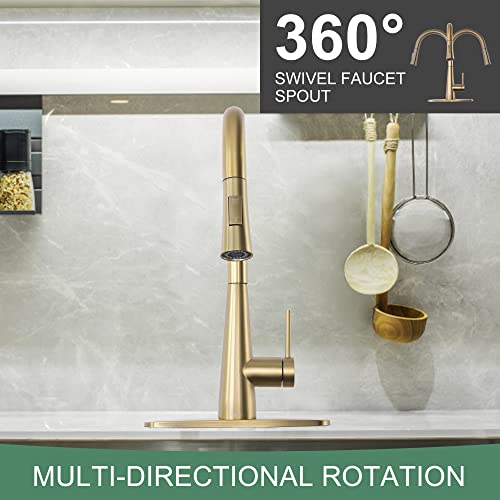 Tohlar Gold Kitchen Faucet, Kitchen Faucets With Pull Down Sprayer, Stainless Steel Single Handle Kitchen Faucet Fit For 1 Or 3 Holes Kitchen Sink Faucet Gold Faucet For Kitchen Brushed Gold #TOP5