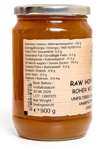 Raw Farm -Roher Wildkräuterhonig (Wilddistel, Thymian, Heidekraut Honig) 900g - 100% natürlich, ungefiltert, unerhitzt, nicht pasteurisiert, direkt aus dem Bienenstock