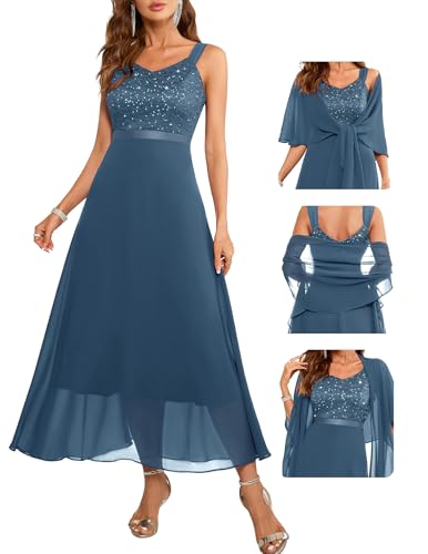 Berylove Damen Festliches Spitzenkleid Lang Hellblau Glitzer Jumpsuit...