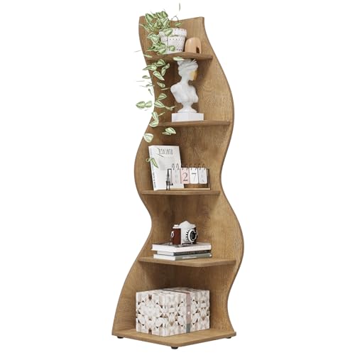 Image of Tribesigns Corner Shelf, Modern 5-Tier Wall Corner Bookshelf, Stylish Corner Small Bookcase Storage Rack Plant Stand with Unique Shape for Living Room, Home Office (Light Brown, 1PC)