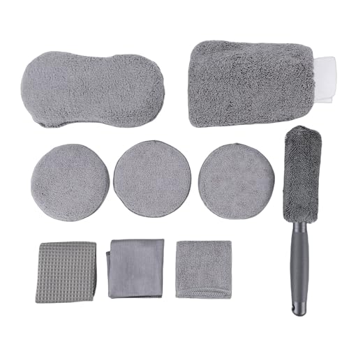 Fockety Outil de Nettoyage pour Pare-Brise, kit d'entretien Automobile 9 pièces avec tampons de Cirage, Serviettes, éponge, Brosse pour Roues et Sac de Rangement (9 PCS)
