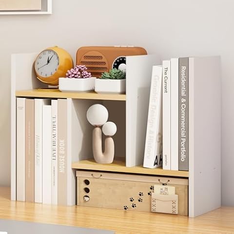 White Desk Organizers and Storage Small Desktop Bookshelf Length Expandable Desk Organization Shelves Counter Corner Book Shelf Adjustable Narrow Book Organizer for Desk Countertop Cover
