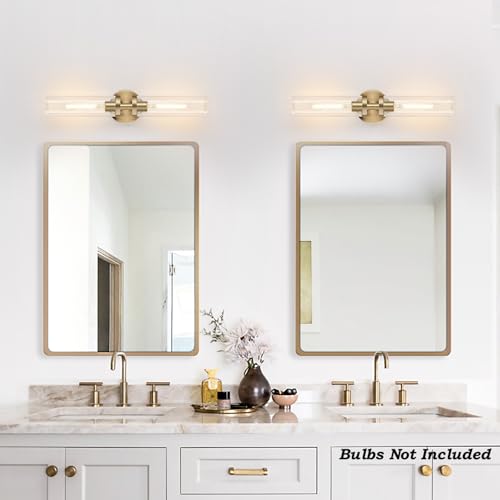 Image of Wall Sconces Set of Two, Hardwired Brass Bathroom Sconces Wall Lighting with Clear Glass, Modern Sconces Wall Decor Set of 2 Vanity Light fixtures for Bathroom Mirror Bedroom (Bulbs Not Included)