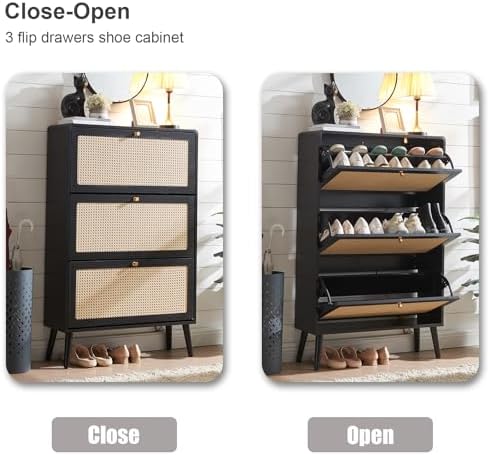 Rattan Shoe Cabinet with 3 Flip Drawers, 48 Pairs Narrow Shoe Storage Cabinet for Entryway Freestanding Hidden Shoe Rack, Modern Slim Wood Shoe Organizer for Hallway, Black
