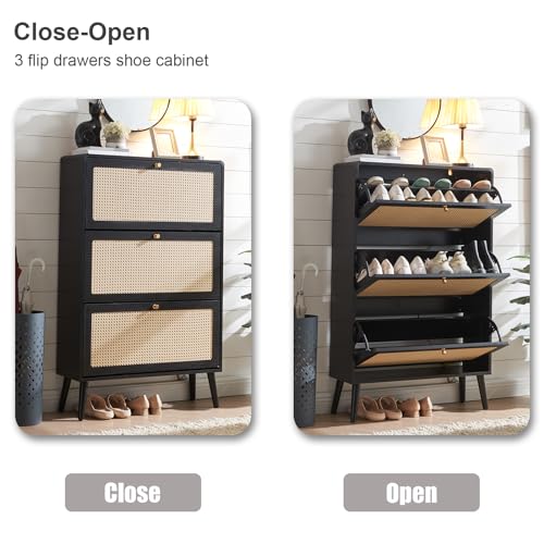 Anewome Rattan Shoe Cabinet with 3 Flip Drawers, 48 Pairs Narrow Shoe Storage Cabinet for Entryway Freestanding Hidden Shoe Rack, Modern Slim Wood Shoe Organizer for Hallway, Black