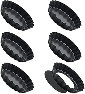 6 Pack Tart Tins with Loose Base, 4 inch Mini Non-Stick Round Carbon Steel Tart Pans Quiche Set with Removable Bottom for Cheesecakes Pie Pizza Pan (Black)