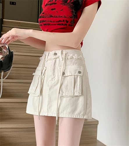 Cromoncent Women Drawstring Denim Cargo Skirt with Flap Pockets3