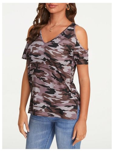 Image of RoseSeek Women's Camo Leopard Cold Shoulder T Shirts Summer Camouflage Tops