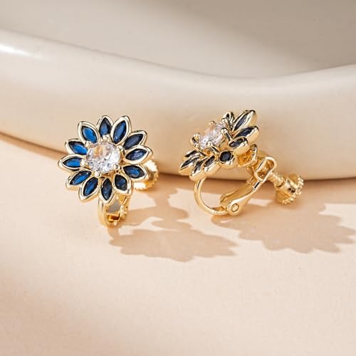 EVEVIC Austrian Crystal Flower Clip on Earrings for Women Trendy,14K Gold Plated Hypoallergenic Non Pierced Sunflower Earrings Jewelry Gift4