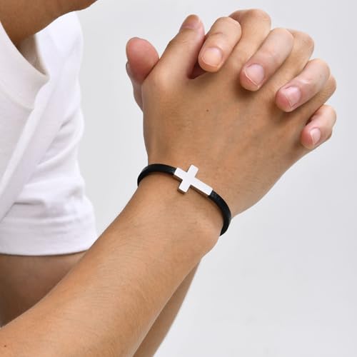 Mens Cross Leather Bracelet for Men, Christian Mens Cross Bracelets, Jesus Faith Religious Easter Catholic Communion Baptism Christmas Jewelry Gift for Men2