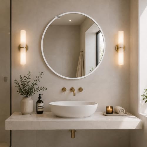 Image of Round Wall Mirror in Gold I Metal Frame Mirror I Modern Design Metal Frame Mirror in Medium Size I Bathroom Wash Basin, Bedroom, Drawing Room (White 30 inch)