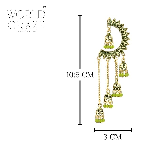 Image of WORLD CRAZE Multicolour long kashmiri jhumka for women chandbali earrings chand baliyan | kashmiri earrings for women | bahubali earrings stylish | Traditional Indian Festive Jewelry | Long Chain Tassels | Pearl Drop Latkan Jewellery (Multi colour)