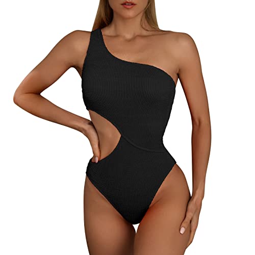 Generico Costumi Mare Donna Nero Intero Costume da Bagno Bikini in Tinta Unita con Volant Sexy Monospalla Contenitivo Pancia Piatta (Black, M)