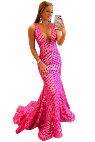 Sparkly Sequin Prom Dresses for Women Deep V Neck Mermaid Formal Evening Dress
