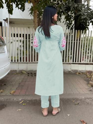 Image of GoSriKi Kurta Sets for Women Viscose Embroidered | Kurta Pant Dupatta Set | Straight Kurti Set for Women | Round Neck 3 /4 Sleeve Ethnic Suit | Designer Indian Kurti Outfit with Pants