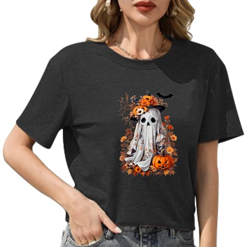 Halloween Shirts Women Spooky Ghost Autumn Pumpkin T-Shirt Funny Flower Ghost Graphic Tee Tops2