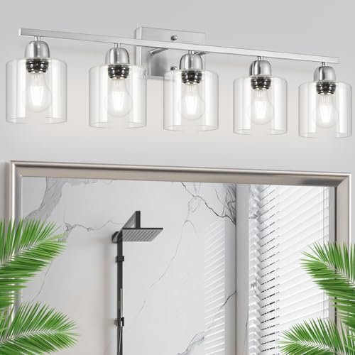 Image of Modern Brushed Nickel 5 Light Bathroom Vanity Light, 31 inch Bathroom Light Fixtures, Vanity Lights for Bathroom with Clear Glass for Mirror Kitchen Living Room Hallway Cabinet Porch