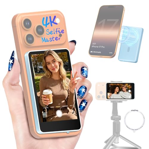 Moman Vlog Selfie Monitor Screen for iPhone 7-17 Series, 4K 60fps & Encrypted Private Wireless, Magnetic Back Camera Monitor, P2P Wireless, 164 ft Range for TikTok, Vlogging, Photo & Video Kits, Blue