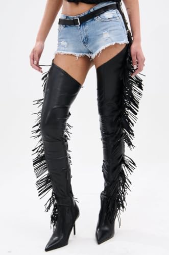 MissHeel Thigh High Belted Chap Boots with Fringe Sexy Over the Knee Stiletto Boot Side Zipper4