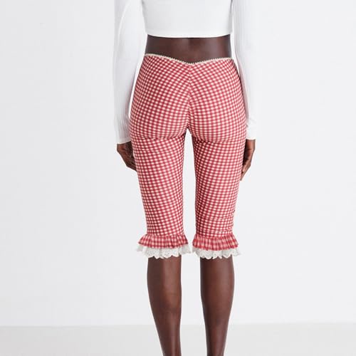Women Plaid Capri Pants Summer Elastic Waist Knee Length Lace Ruffles Hem Skinny Casual Capris Legging4