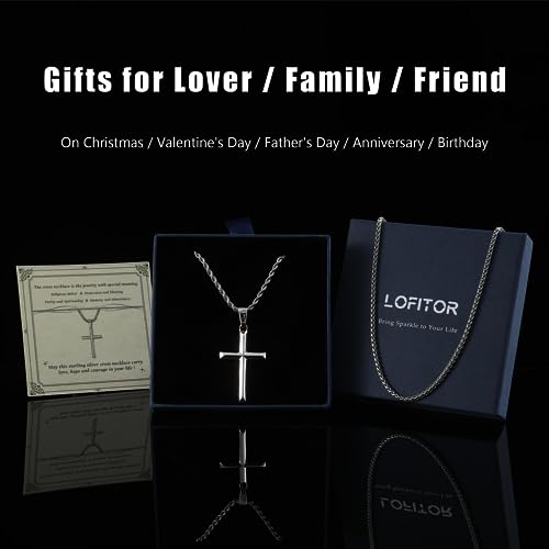 925 Sterling Silver Cross Necklace for Men Women with 3MM Stainless Steel Strong Durable Wheat Chain 18K White Gold Plated Beveled Edge Crucifix Pendant Necklace Jewelry Present 16-28 Inches4